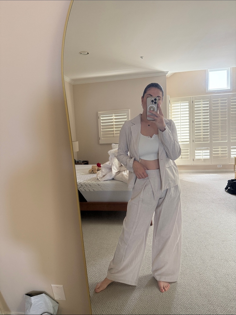 Sage Light Beige Wide-Leg Linen-Blend Pants